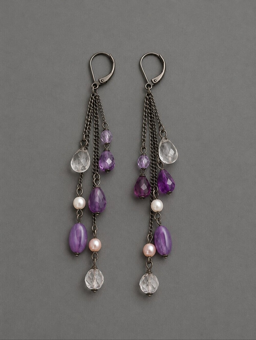 3/$30 Gunmetal Purple Beaded Chain Tassel Leverback Dangle Earrings